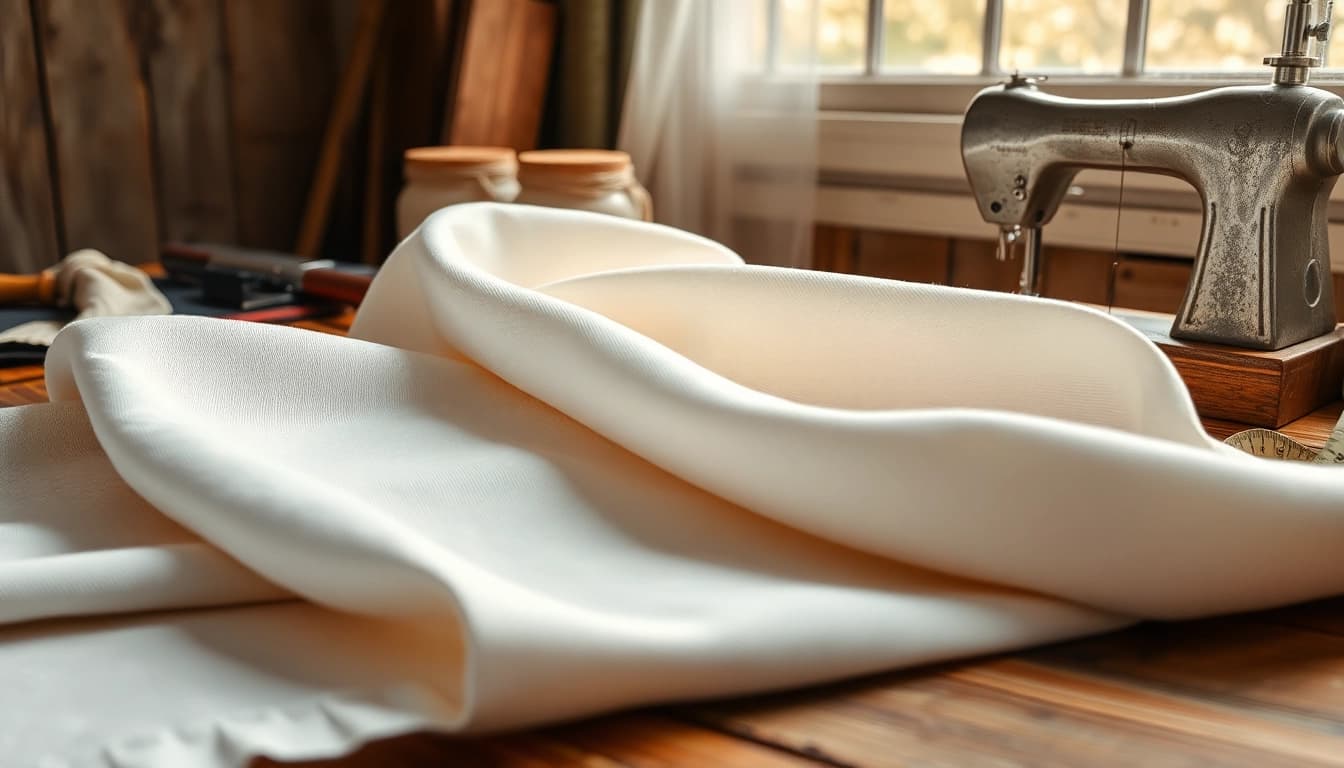 Katoen stof gepresenteerd op een houten tafel met naaiaccessoires en een meetlint.