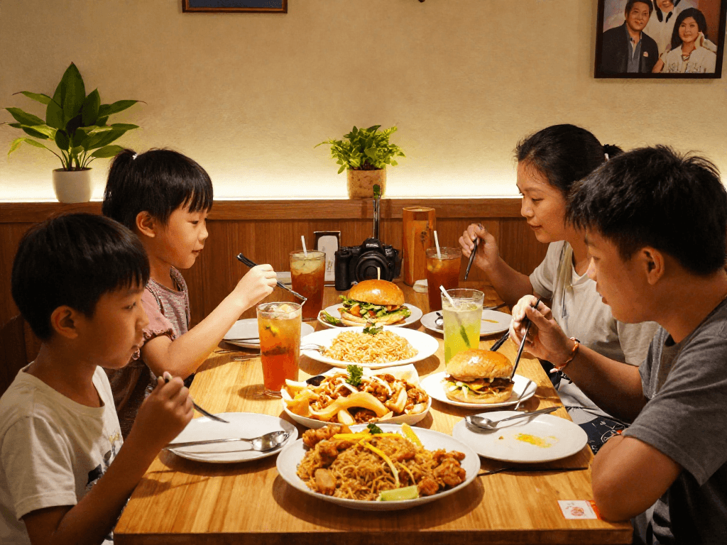 Families enjoying delicious meals at ROKOK88 with crispy chicken and iced tea.