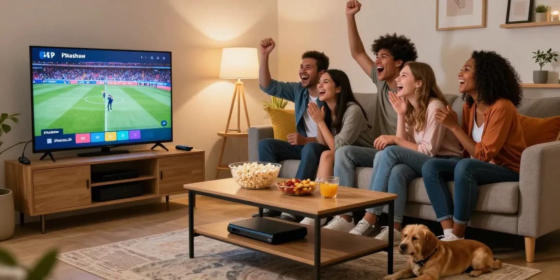Pikashow APK view of friends joyfully streaming movies in a cozy living room.