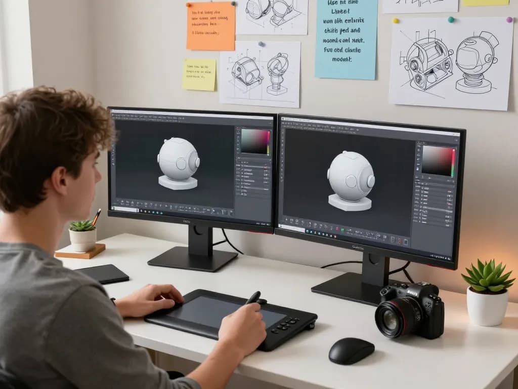 3D Model generator workspace with professional creating models on dual monitors, CAD tools, and blueprints.
