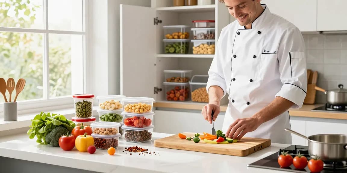 Bright kitchen featuring food storage containers, bamboo cutting board, and fresh ingredients.