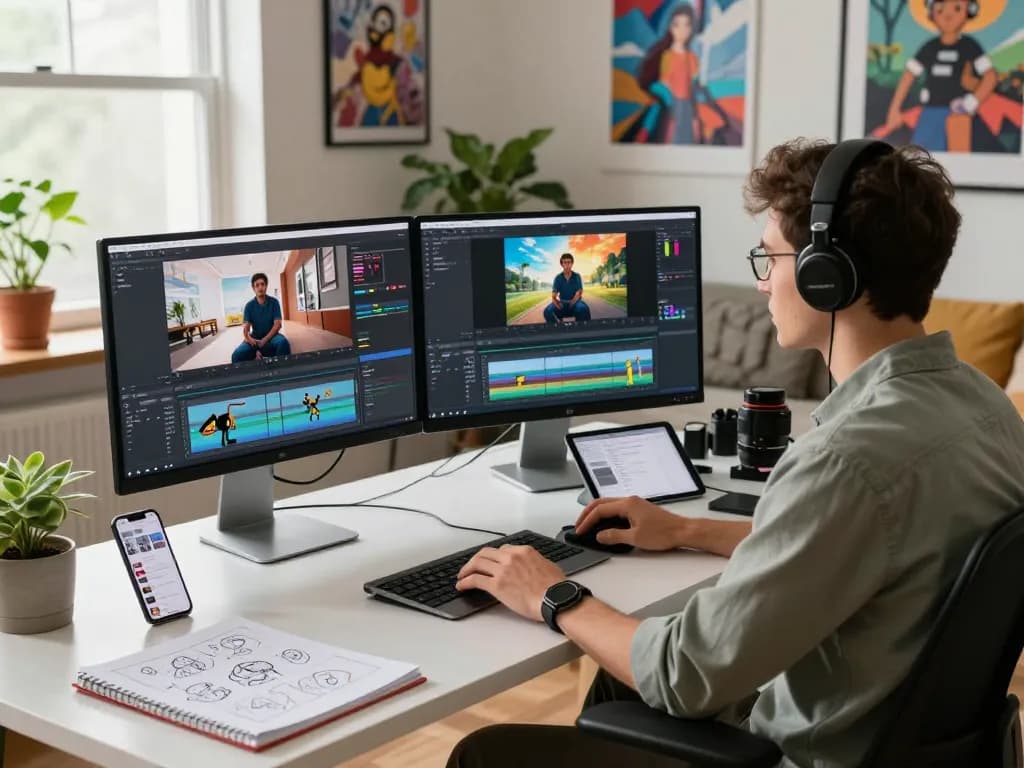 Scene illustrating a creative workspace using Kling motion ai to generate animated videos.