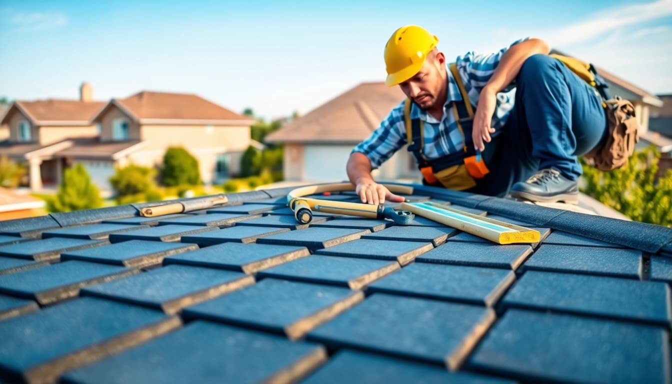 Expert roofing contractor examining roof condition with tools and materials in a residential area.