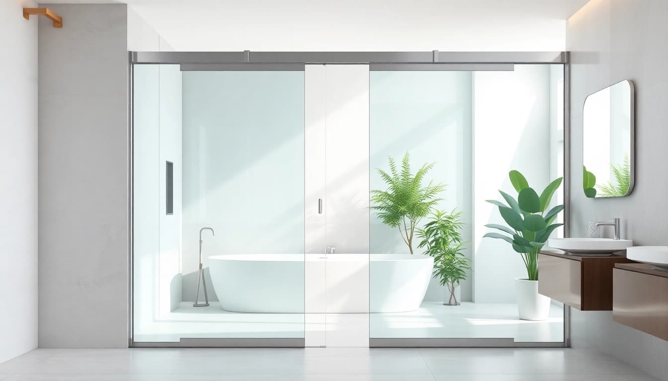 Elegant shower doors sliding providing a contemporary look in a modern bathroom setting.