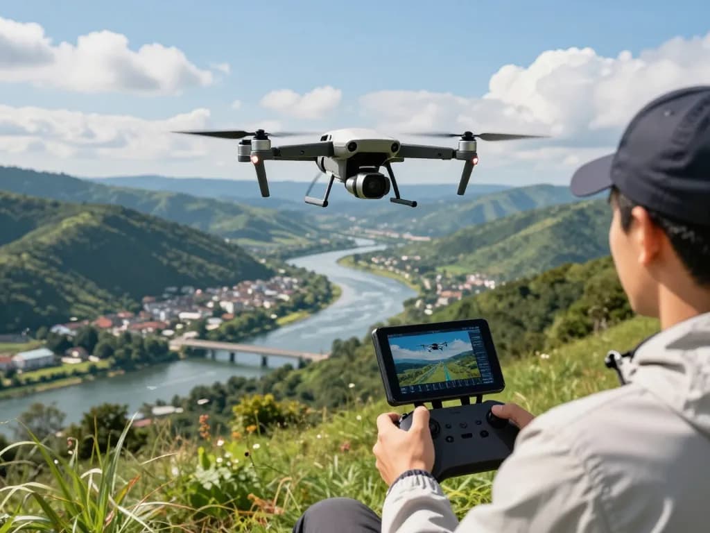 Droni flying over a scenic landscape, capturing stunning aerial views, with a pilot using advanced technology.
