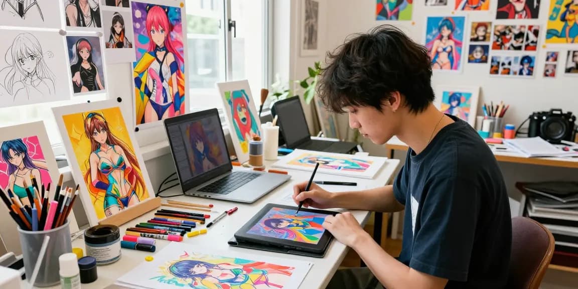 Artist illustrating vibrant ai ecchi art in a bright studio.