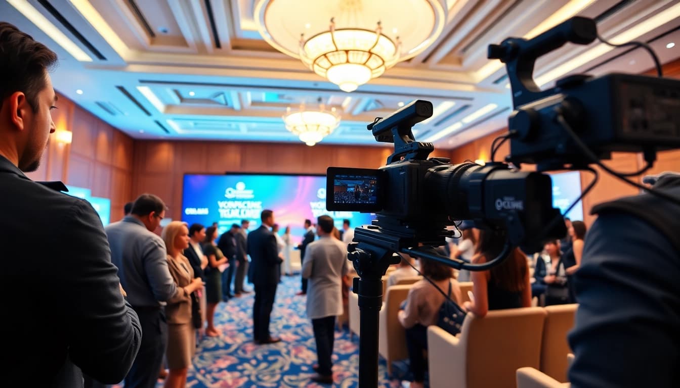 Capture a vibrant scene of Commercial videography at a corporate event with diverse professionals.