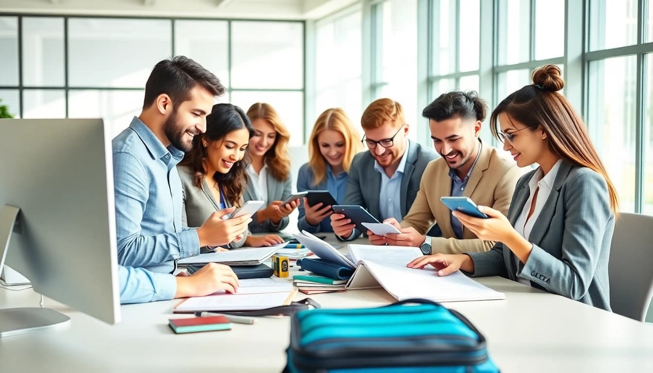 View of professionals completing the uk eta online application in a bright office.