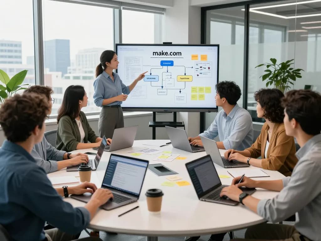 Team collaborating on automation strategies using make.com in a modern office