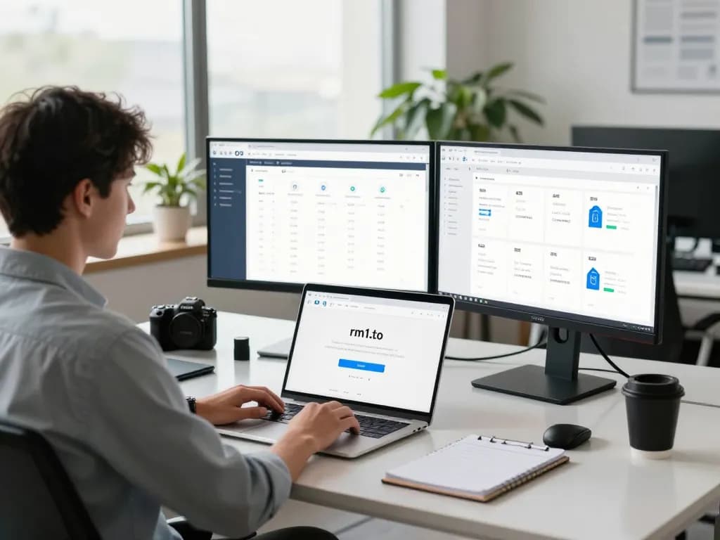 Secure rm1.to login page on a sleek laptop in a modern office.