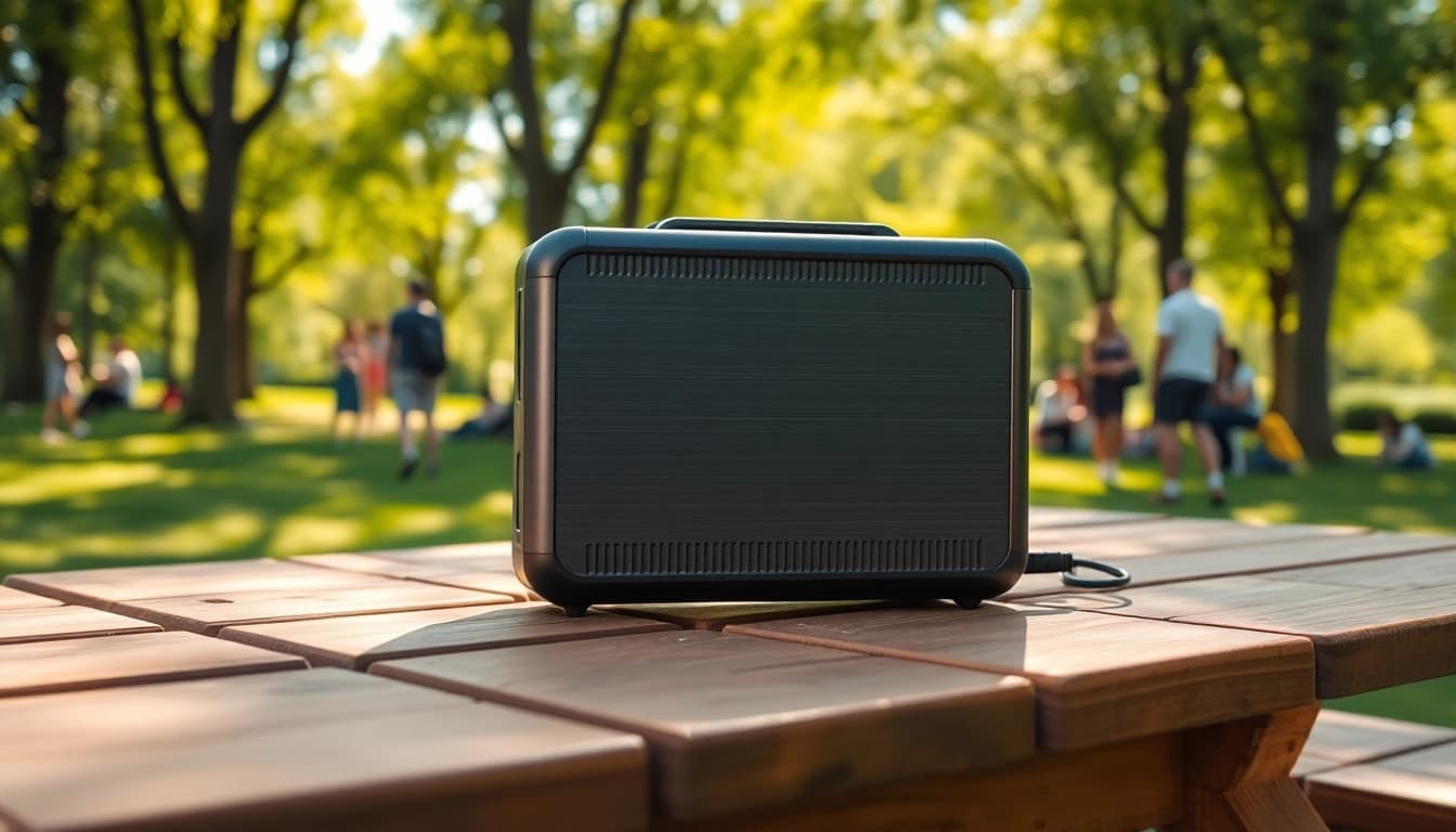 EcoFlow portable power station showcased in an outdoor picnic setting, emphasizing sustainable energy.