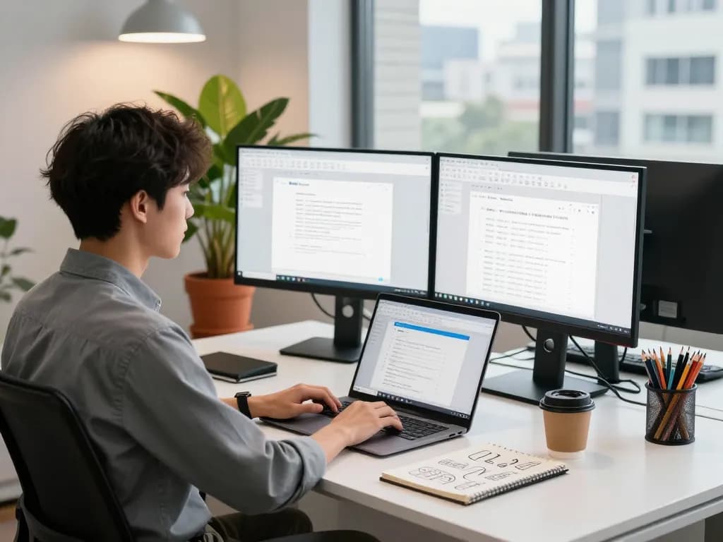 Professional using WPS Office at a modern desk with dual monitors in a bright city office.