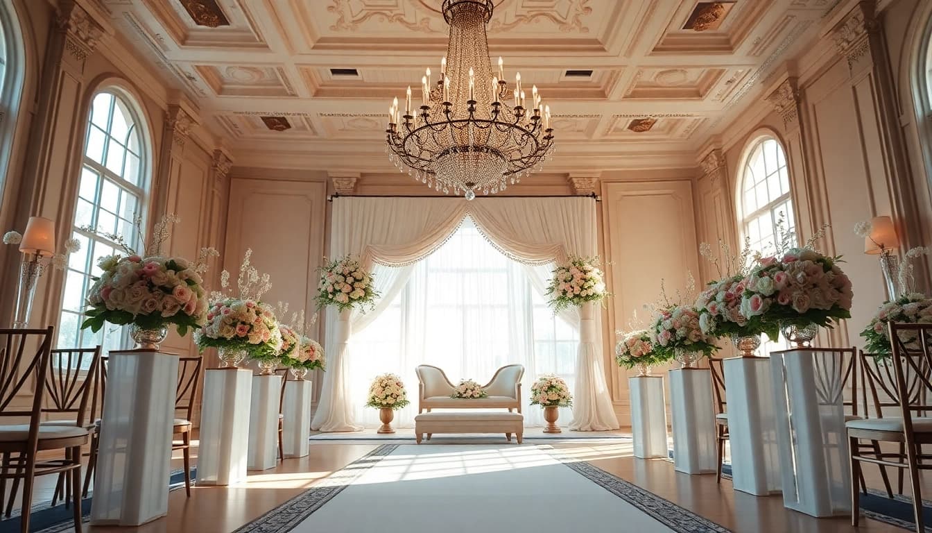 Experience the allure of the Best Wedding Venue Jacksonville with elegant floral decor and a stunning chandelier.