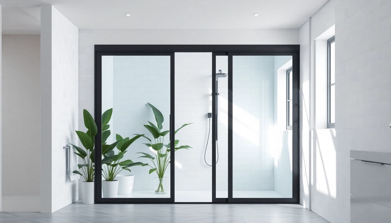 Showcasing stylish shower doors sliding in a modern bathroom with a fresh ambiance.