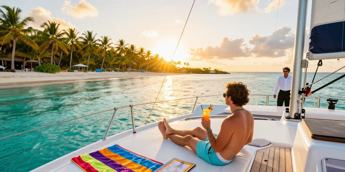 Punta Cana yacht rental experience with luxurious catamaran and sunset views over Saona Island.