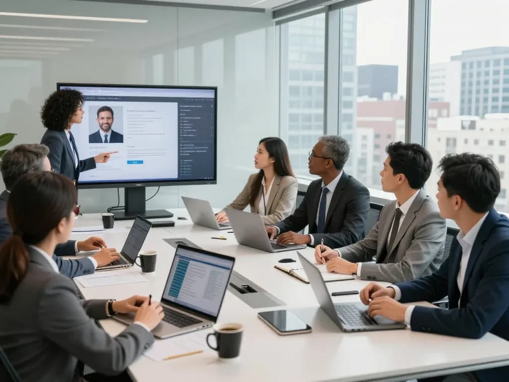 Team in a modern office reviewing candidates, showcasing search firms expertise.