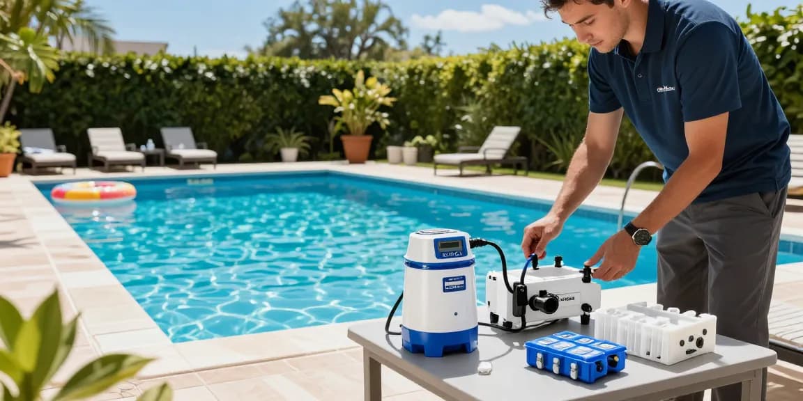 Best chlorinator for inground pools in a sunny outdoor setting with a technician inspecting K-Chlor units and replacement cells.