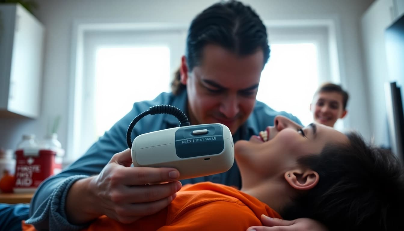 Demonstration of a choking rescue device in action during an emergency situation.