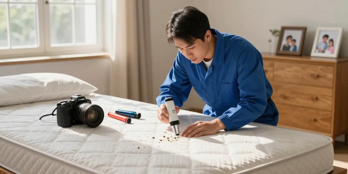 Bed bug pest control expert inspecting a mattress in a warm home environment.