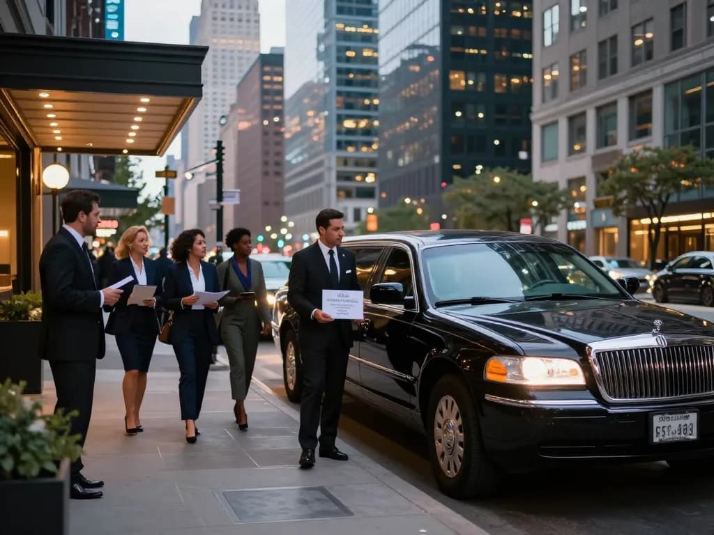 Luxury SUV limousine service in Chicago with professional chauffeur, welcoming clients in a vibrant urban setting.