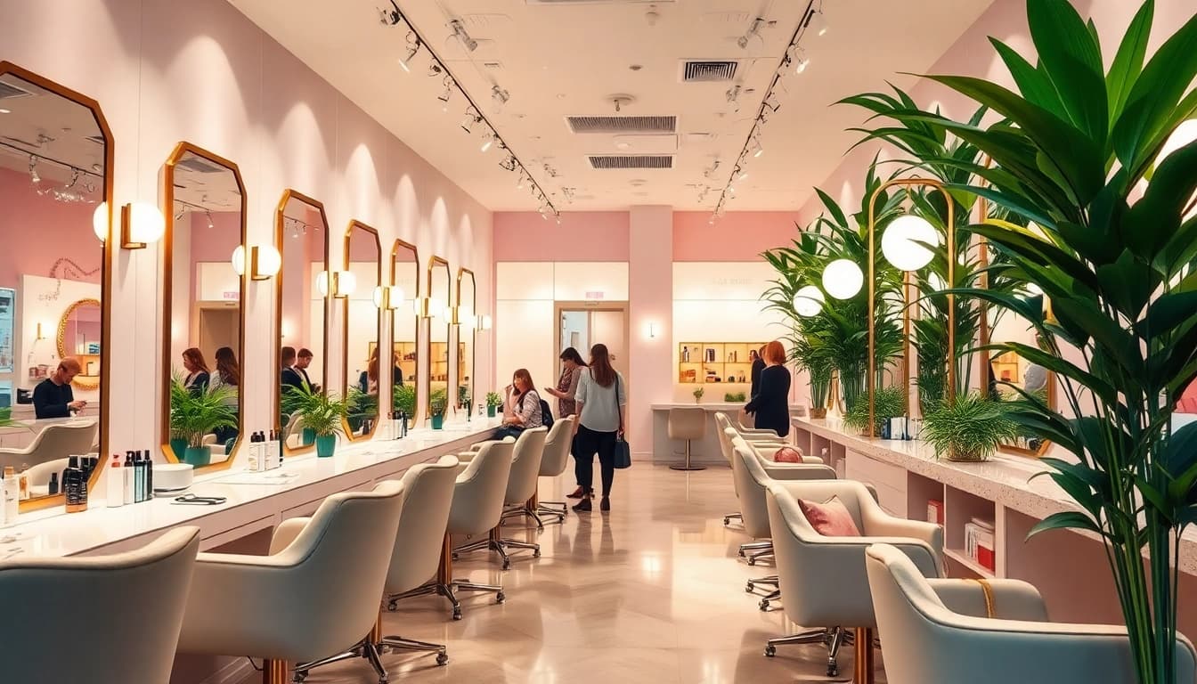 A luxurious interior of award winning hair salons featuring elegant styling stations and inviting ambiance.