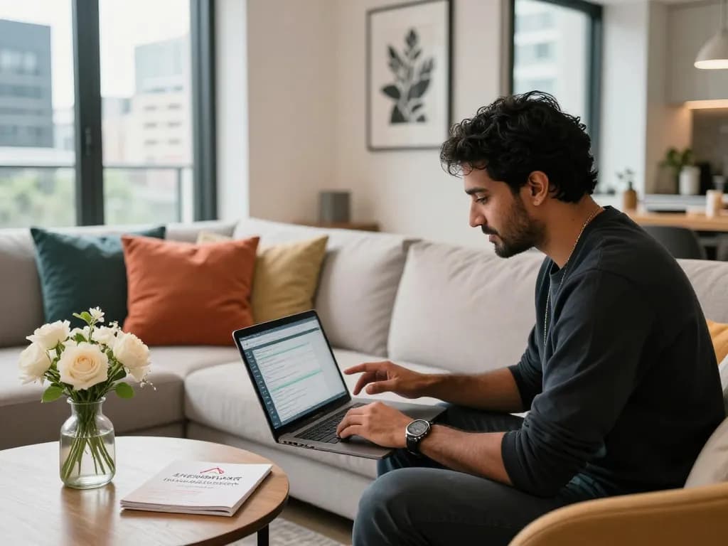 Airbnb management Melbourne expert reviewing bookings in a stylish apartment setting.