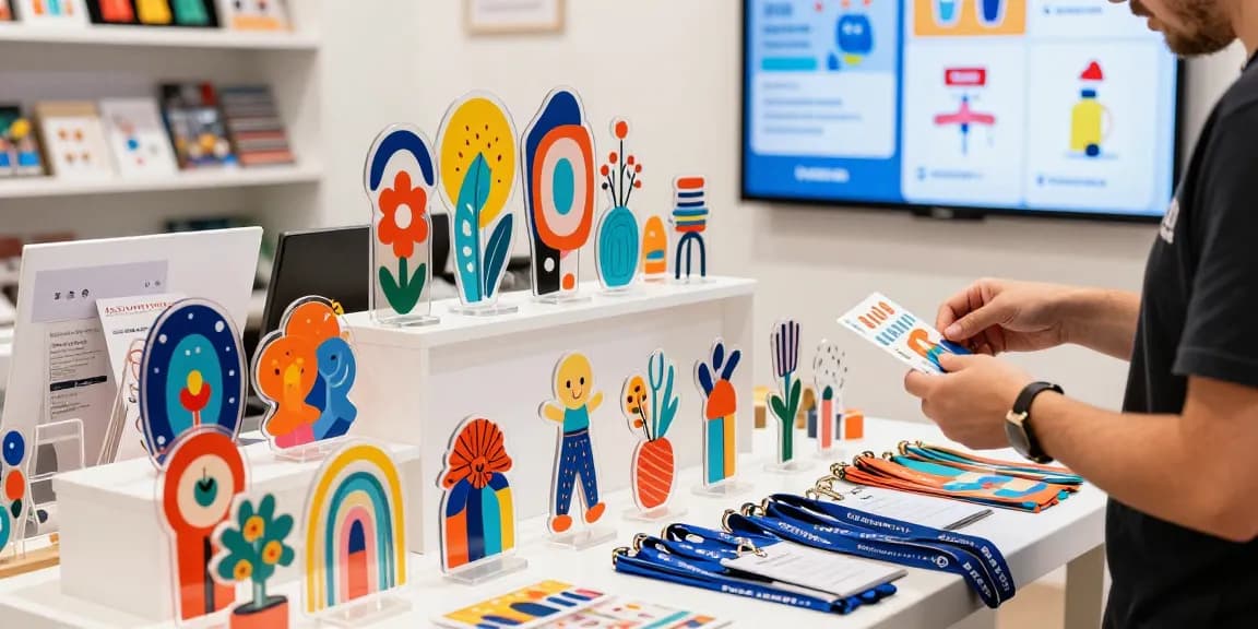 Engaging product display of custom acrylic stands highlighting vibrant designs and styles.