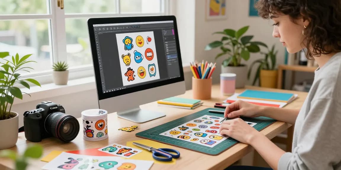 Designer creating custom stickers in a bright workspace with colorful designs and art supplies.