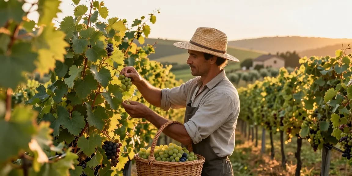 Chattoowines vineyard worker hand-picking ripe grapes in lush landscape.