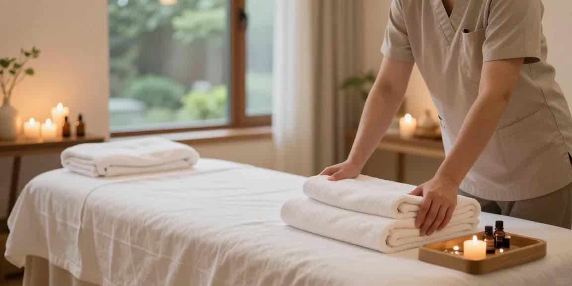 Experience traditional 시흥출장안마 in a serene spa setting with a professional therapist preparing for a relaxing massage session.