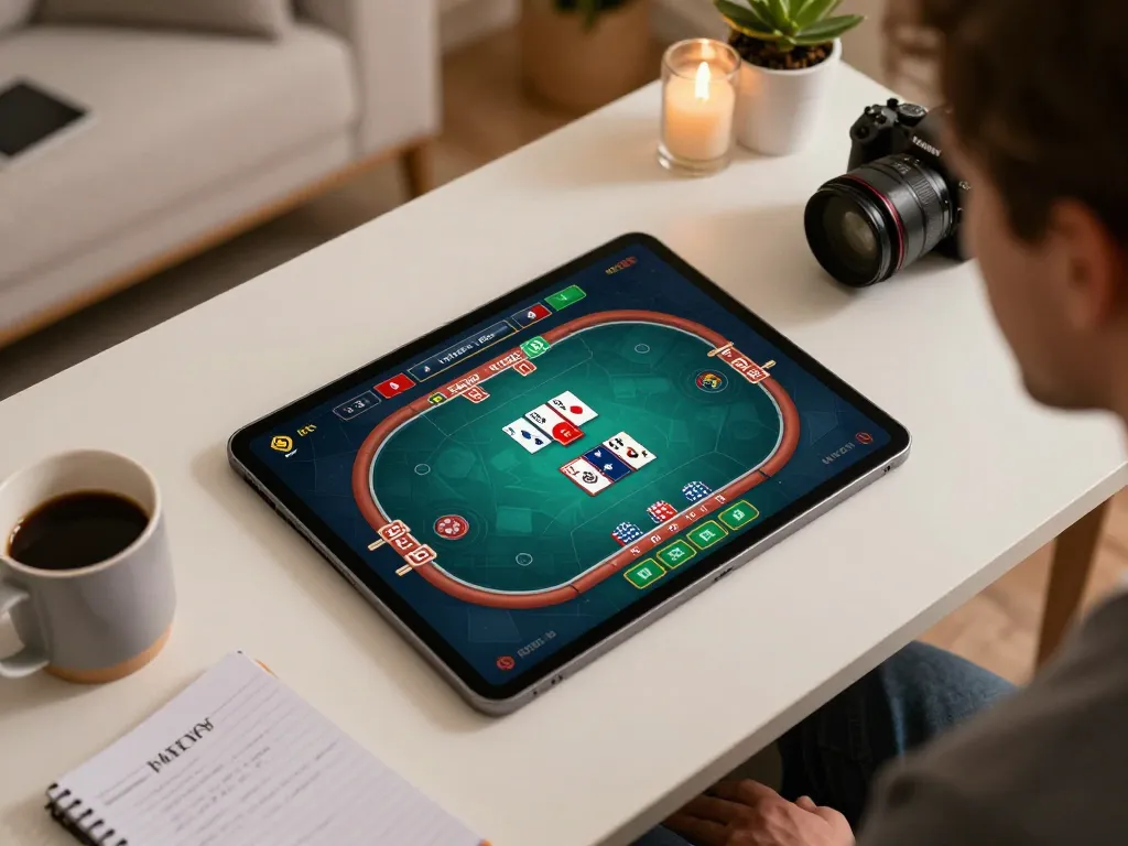 Engaging online poker gameplay on tablet screen showcasing mb66-t gaming interface in a cozy home setting