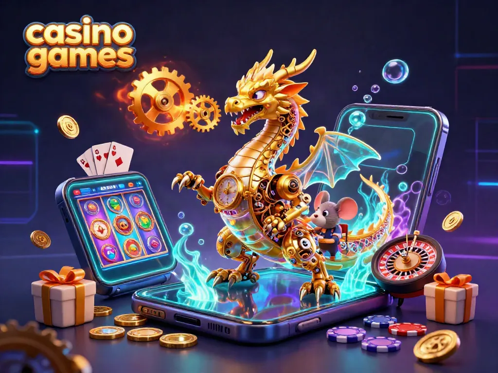 Experience exhilarating casino games with a golden dragon and vibrant gaming elements.