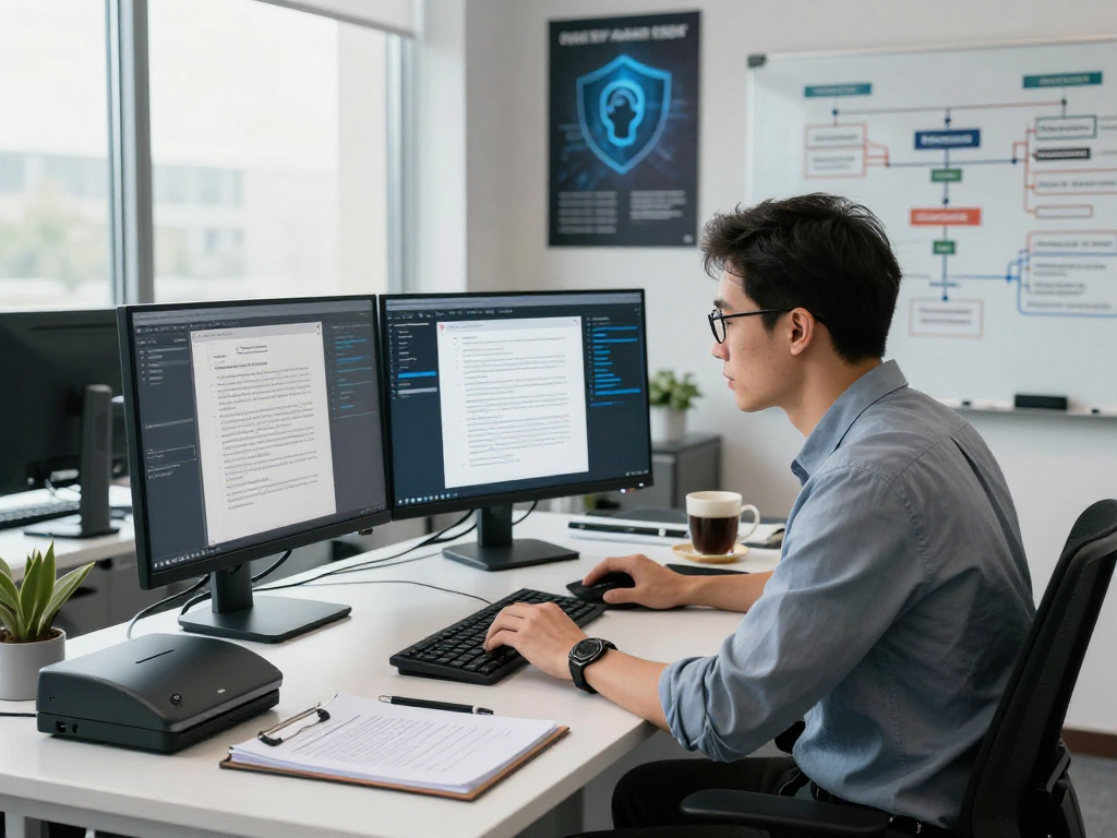 Document fraud detection in action as a specialist reviews digital files in a high-tech office.