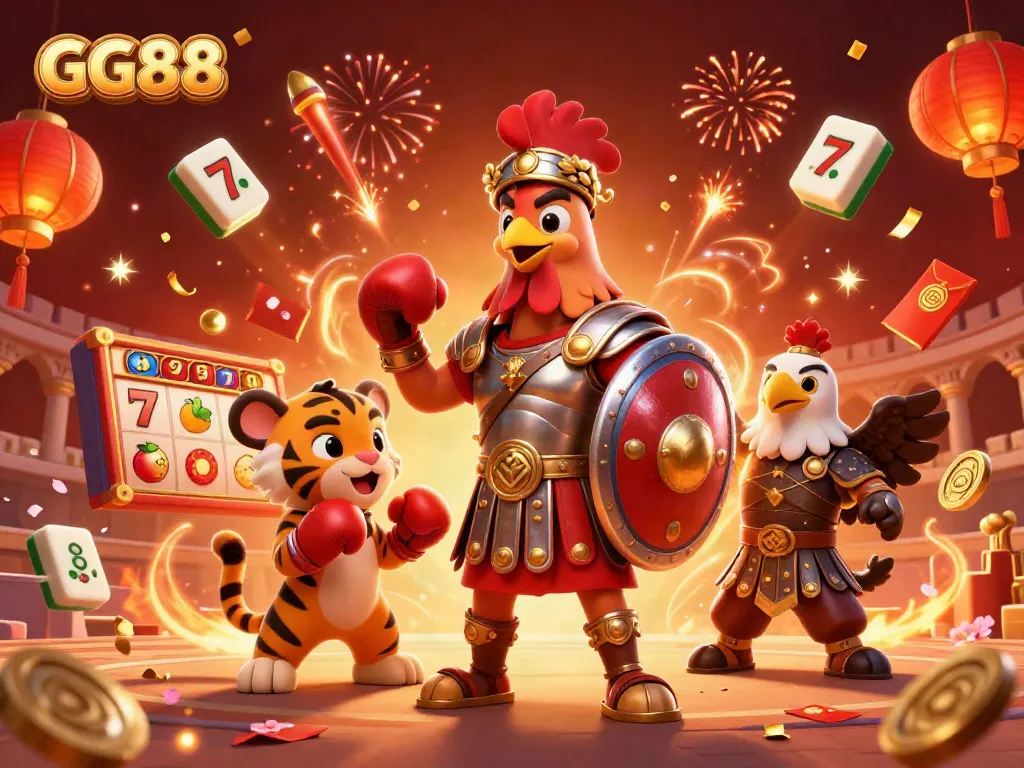 Experience exciting slots and jackpots at GG88 with a dynamic 3D casino scene featuring vibrant characters and celebratory elements.