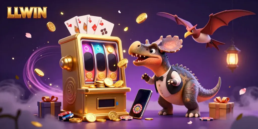 Catch golden coins with LLWIN's thrilling jackpot action in a vibrant casino scene.
