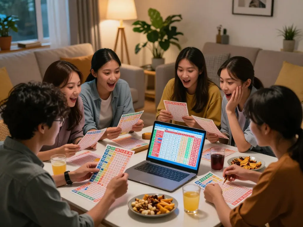 Penggemar Togel Hongkong mendiskusikan taruhan mereka dengan tiket lotere dan hasil undian langsung.
