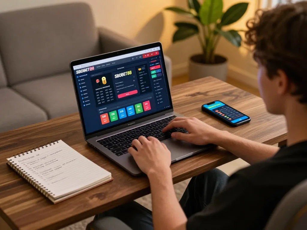 Antarmuka taruhan online SBOBET88 ditampilkan di laptop, disorot oleh catatan strategis dan suasana rumah yang hangat.