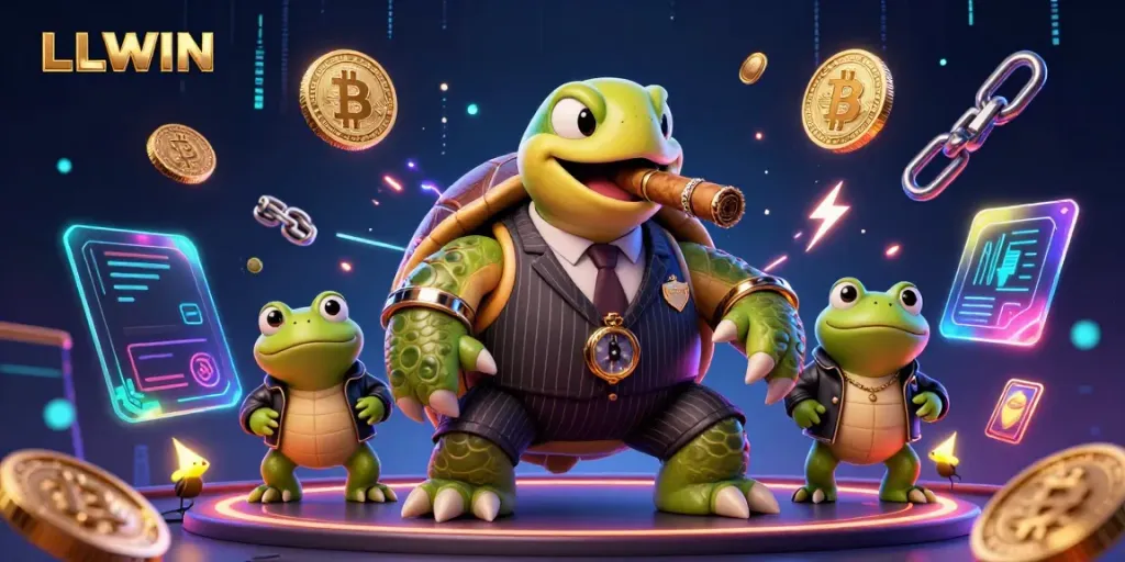 LLWIN showcases a vibrant casino scene with a cartoon turtle and bullfrog enforcers highlighting gaming excitement.