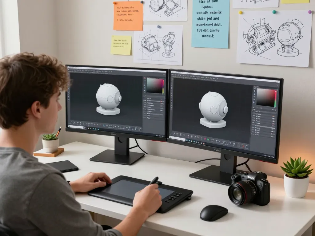 3D Model generator workspace with professional creating models on dual monitors, CAD tools, and blueprints.