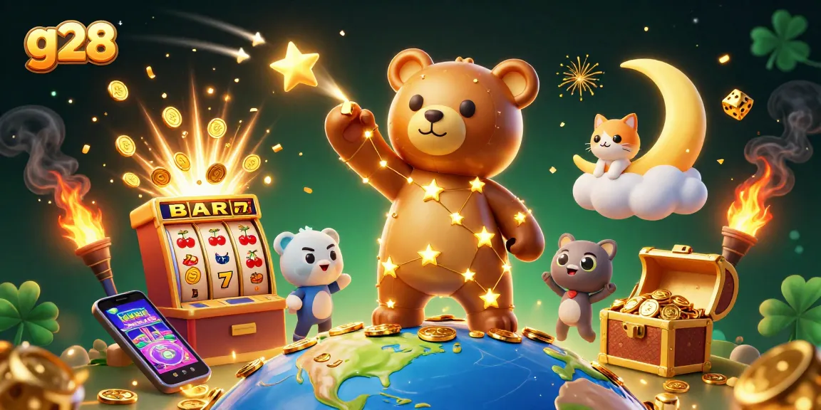 g28 online casino experience with a dynamic 3D illustration of a constellation bear, coins, and a jackpot slot.