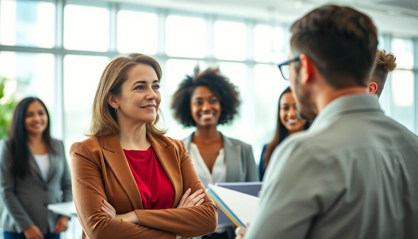 Corporate coach guiding a diverse client group in a modern office setting.