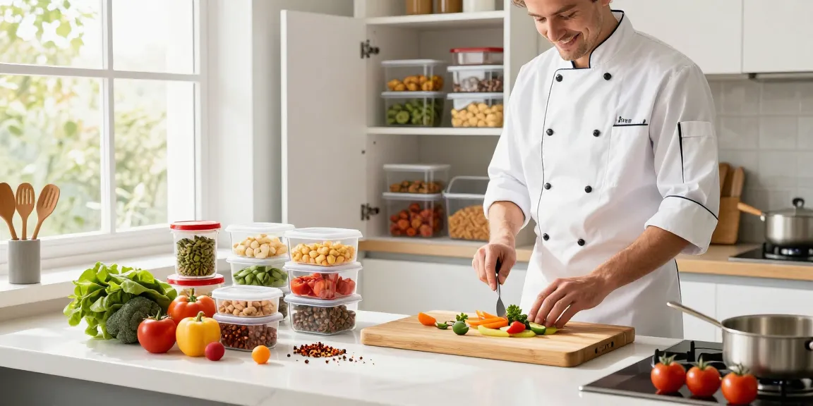 Bright kitchen featuring food storage containers, bamboo cutting board, and fresh ingredients.
