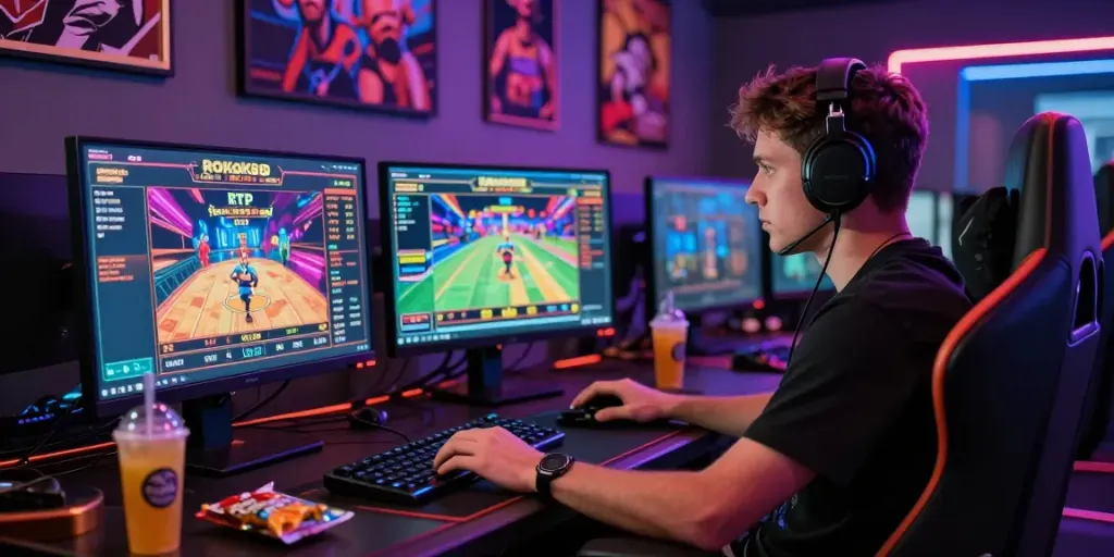 Experience the excitement of rokok88 rtp with players immersed in vibrant online gaming setup.