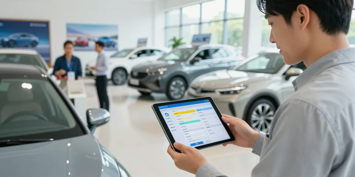 Engaged car buyer checking car history report in modern showroom, showcasing car check UK details.