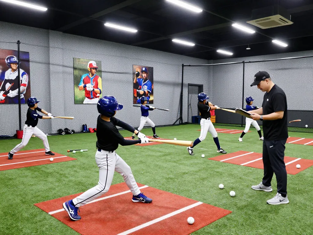 Young athletes training at Hitclub's indoor batting facility, practicing hitting techniques under bright lights.
