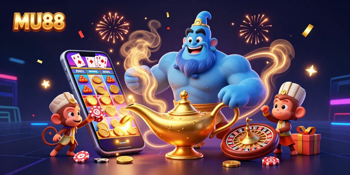 Spin to win exciting jackpots at MU88 with vibrant 3D casino elements featuring a genie and poker chips.
