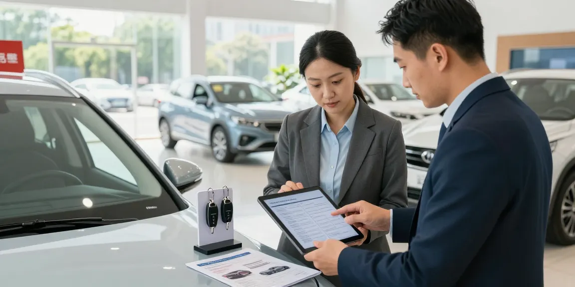 Car check UK with customer and representative reviewing a vehicle history report in a bright showroom.