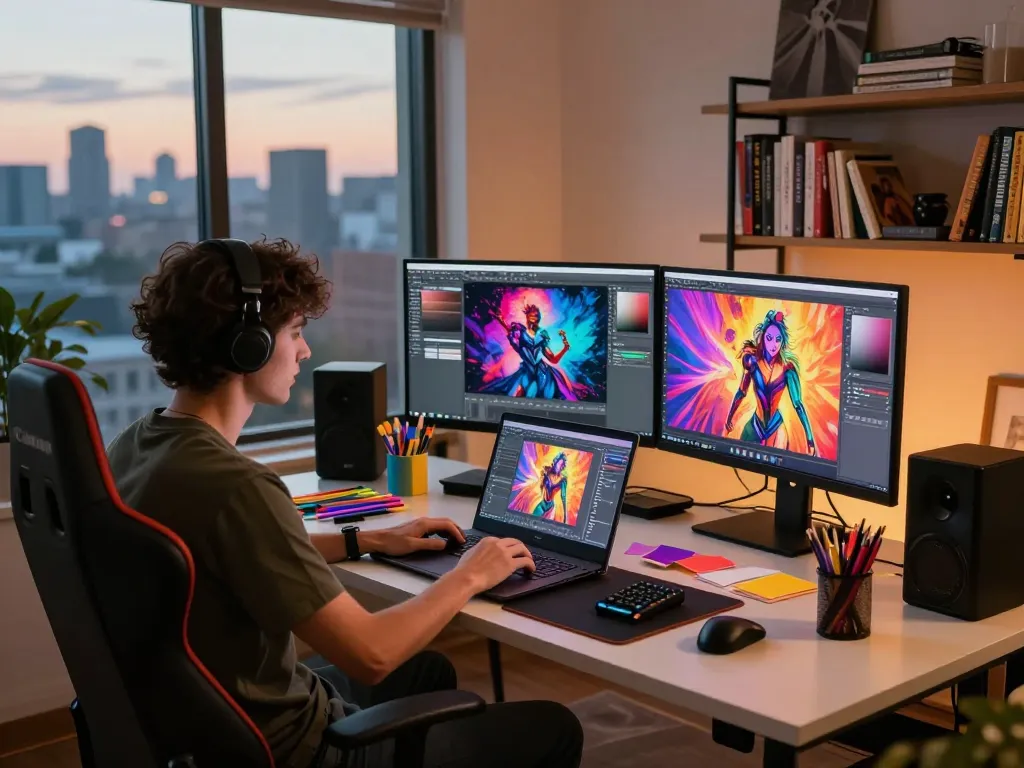 Creative workspace showcasing NSFW digital content creation with vibrant artwork and professional tools.