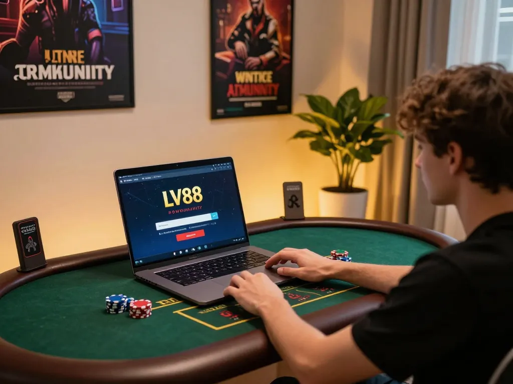 lv88 đăng nhâp on a laptop, user engaged in strategic online gambling gaming at home