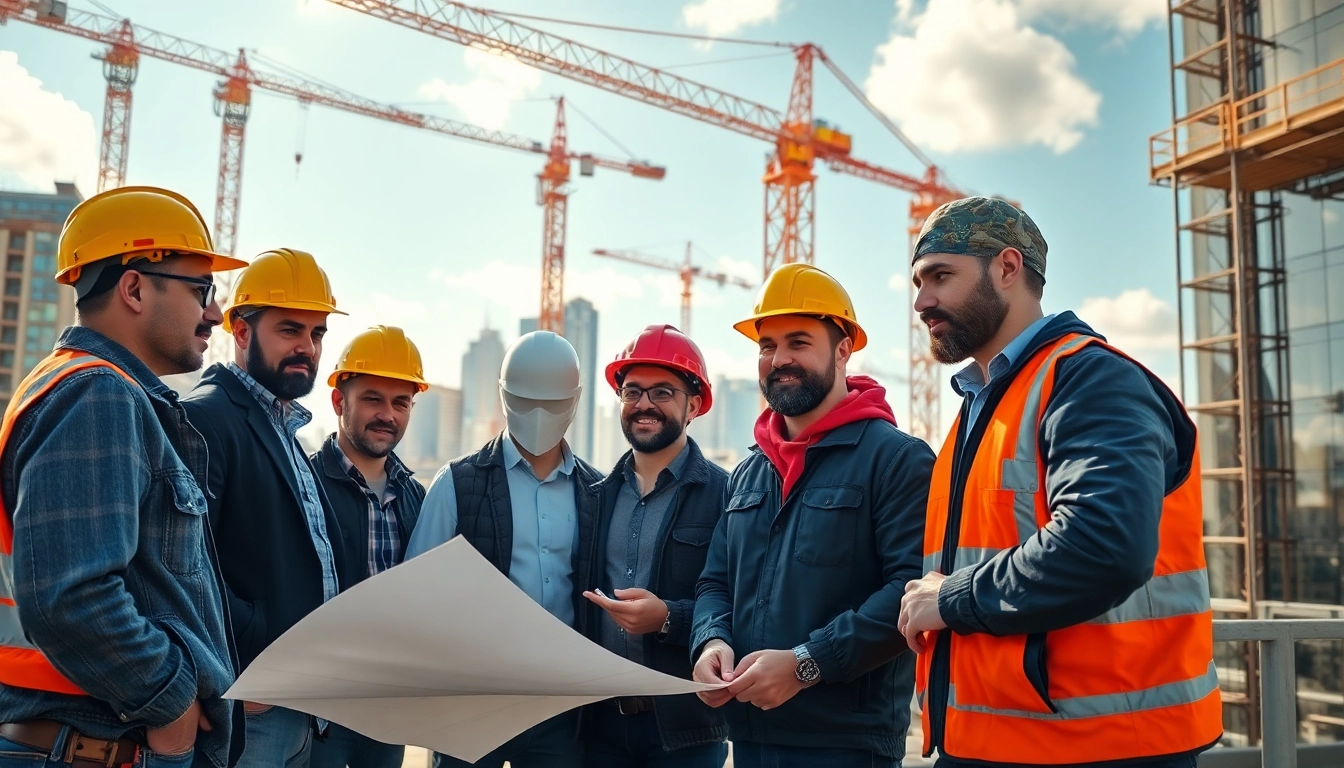 Engaged construction member organization professionals discussing plans at a vibrant site.